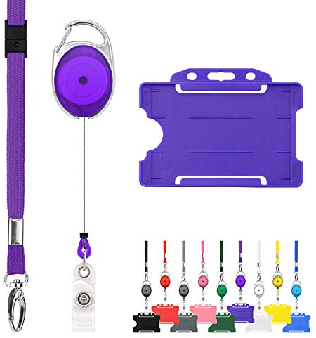 LanyardsTomorrow Lot de 10 cordons rétractables et porte-badges comprenant des cordons unis, des mousquetons extensibles Yoyo et des porte-cartes rigides (violet)