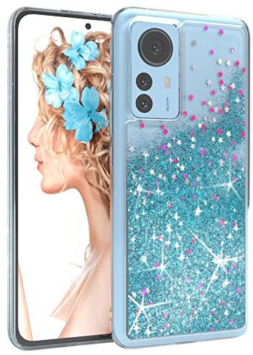EAZY CASE Hülle kompatibel mit Xiaomi 12 Pro Schutzhülle mit Flüssig-Glitzer, Handyhülle, Schutzhülle, Back Cover mit Glitter Flüssigkeit, TPU/Silikon, Transparent/Durchsichtig, Blau