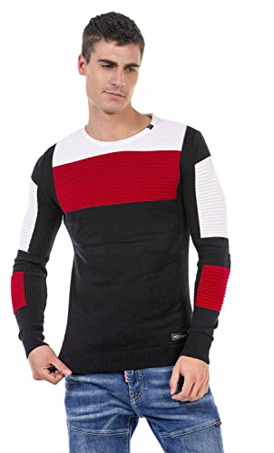 Cipo & Baxx Herren Strick Pullover Sweater Gerippt Pulli CP247 Dunkelblau-Rot XL