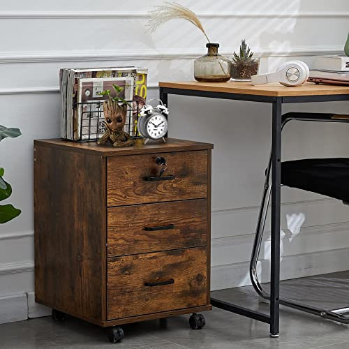 LEMROE Classeur mobile à 3 tiroirs avec serrure et roulettes de style industriel pour bureau à domicile (marron, 3 tiroirs)