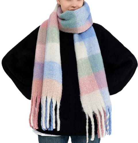 OUNIYA Grande écharpe à carreaux colorés surdimensionnés en laine de cachemire douce épaisse couverture chaude d'hiver pour femme, Bleu clair et rose, Large