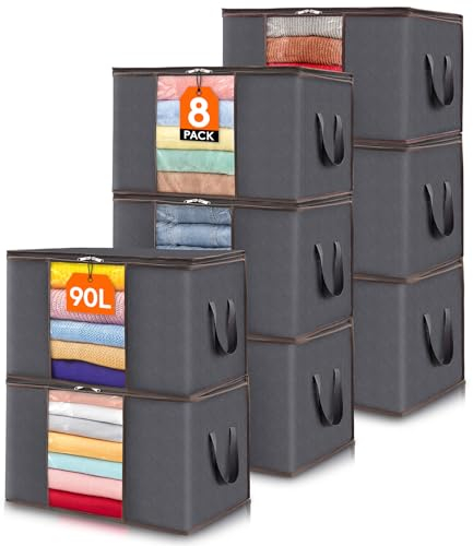 Lifewit 8 Stück 90L Aufbewahrungstasche, Aufbewahrungsbox mit Deckel, Groß Kleideraufbewahrung Umzugskartons, Faltbare Aufbewahrung Boxen für Bettdecken Kleidung Unterbett Kleiderschrank, Grau