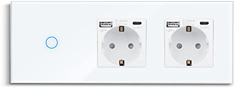 CNBINGO Interruptor de luz táctil con doble enchufe con puertos USB (tipo C y tipo A 3,1 amp total) – Enchufe USB Schuko empotrado – Interruptor de pared de cristal simple en blanco – 1 vía