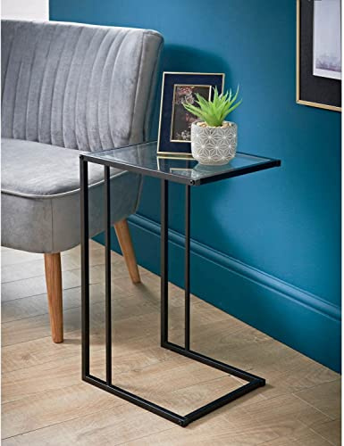Bloomingtons Direct C Shaped End Table Clear Tempered Glass Top Coffee Sofa Side Table, Black Overbed Snack Coffee Table, Bedside End Tables