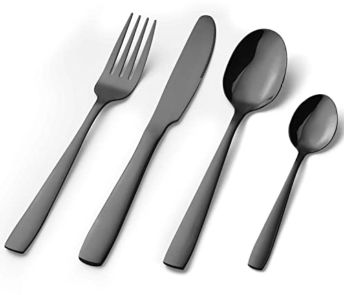16 Piece Cutlery Set, Stainless Steel Flatware Silverware Sets with Square Edge, Service for 4 People, Elegant Tableware Included Knives Forks Spoons, Mirror Finished & Dishwasher Safe (Black)
