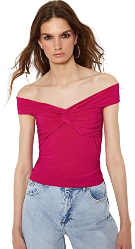 Trendyol Mujer Blusa de Punto básica con Cuello Carmen, Fucsia, S