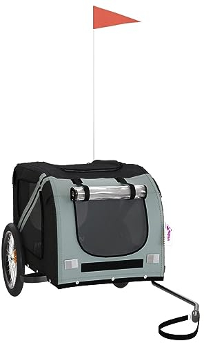 vidaXL Fahrradanhänger für Hunde, Hundeanhänger mit Reflektoren Flagge, Hundetransporter Maximale Belastbarkeit 45kg, Schwarz Grau Oxford-Gewebe Eisen