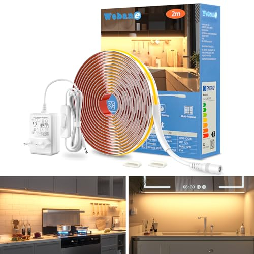 WOBANE COB LED Streifen Warmweiss 2m 640 LEDs,Super Hell LED Strip mit Netzteil,12v Unterbauleuchte,Flexibles LED Band für Küche,Schlafzimmer,Schreibtisch,Werkbank,TV,Regal,DIY,CRI 90+,900lm