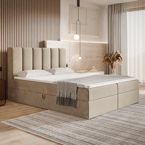 MOTIVENA Santiago Boxspringbett 160x200 mit Bettkasten und Topper, Polsterbett 160x200 mit Bettkasten, Taschenfederkern-Matratze (H3), Visco Memory-Foam Topper (H2), Samt, Beige