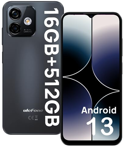 Ulefone Note 16 Pro Smartphone Ohne Vertrag, 16GB + 512GB Android 13 Handy 4400mAh mit 50MP Kamera 6,52 Zoll HD+ 5 Ghz WiFi Dual SIM/Face ID/4G/GPS/OTG/2 Jahre Garantie Schwarz