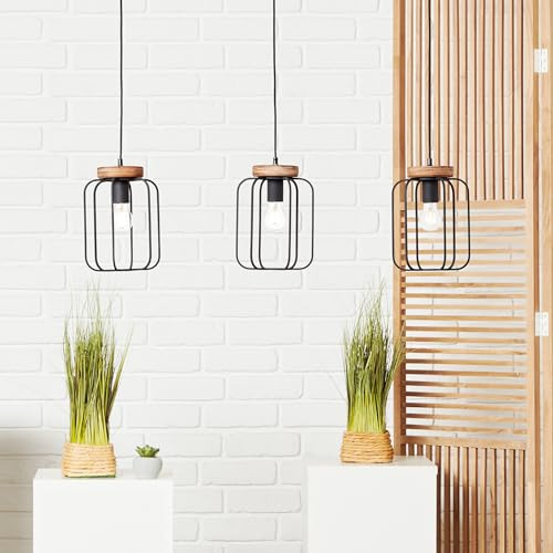 Lightbox kürzbare Reihen Hängelampe - 100 cm Länge - antike Vintage Pendelleuchte mit Gitter Schirmen - 3 x E27, max. 40 W - aus Metall/Holz - in Antik Holz/Schwarz Korund