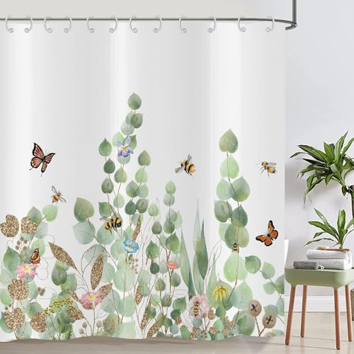 ASDCXZ Blätter Duschvorhang 180x180 cm, Frühling Einfachheit Grün Gold Blätter Honigbiene Schmetterling Bad Waschbar Duschvorhänge Polyester Textil Wasserdicht Badevorhang für Badewanne mit 12 Haken