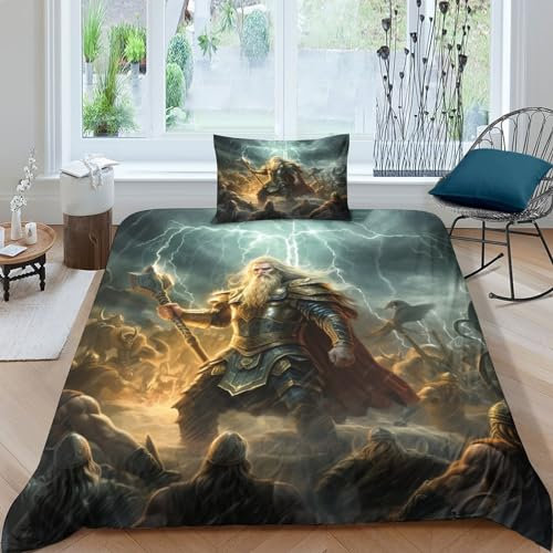 AAHARYA Nordische Mythologie Jungen Teenager Bettbezug Set Modern Thor Bettwäsche Dekorativ Betten Set Polyester Für Kinder Männer Bettbezüge Single(135x200cm)
