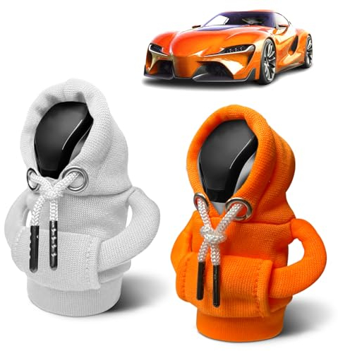 KJG Schaltknauf Hoodie, 2 Stück Hoodie Schaltknauf, Hoodie für Schaltknauf, Auto Schalthebel Abdeckung, Schalthebel Hoodie, Schaltknauf überzug für Auto Schalthebel Dekoration Zubehör (Weiß + Orange)
