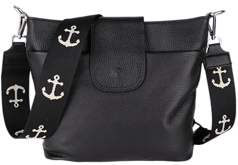 MIRROSI® Umhängetasche Damen, Echtleder, Made in Italy, BOHO Style30x24,50x9cm (BXHXT) viel Stauraum, Handtasche, Brusttasche, Crossbody Bag (1 Tasche & 2 Gurte) (Schwarz (Anker))