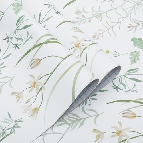 Timeet Peel and Stick Wallpaper Plants Floral Self Adhesive Wallpaper 41x1000cm Leaf Sticky Back Plastic White Green Botanical Pattern Wall Covering Decorative Film for Interior Wall Furniture