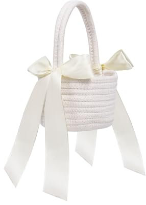 Baumwolle Blumenmädchen Korb für Hochzeit, weiße Hochzeit Blumenkorb Hochzeit mit Henkel und Bänder für Blütenblätter
