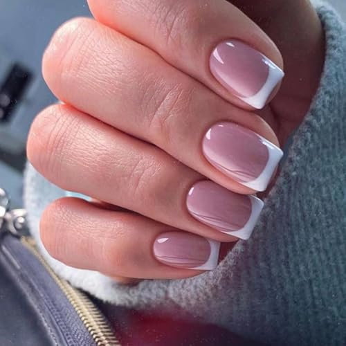 NICENEEDED 24 Pcs French Tip False Nails, Square Short Fake Nails, Nude White Press on Full Cover Acrylic Glossy Stick Nails for Women Nail Art Halloween