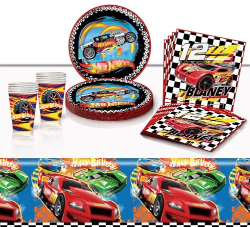 JWTRSVTY 41 Pcs Rennauto Partygeschirr Set, Auto Kindergeburtstag Geschirr, Wheels Cars Party Geschirr Kit mit Cars Tischdecke Teller Tassen Servietten, für Jungen Mädchen Rennauto Party Dekoration