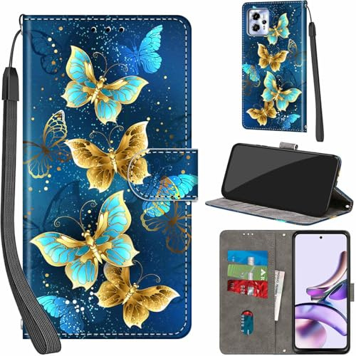 Handyhülle für Motorola Moto G13 / G23 / G53 Hülle, vier Schmetterlinge | PU Leder, Klappbar, Kartenfächer, Ständer, Kameraschutz, Brieftasche, Magnet, Stoßfeste, Muster Motiv