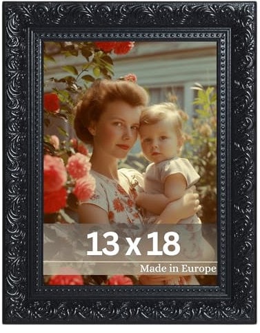 VictoR Vintage Bilderrahmen „Rubens“ in 13x18 cm Schwarz - Leiste: 30x20mm - Echtglas - Fotorahmen Barock - Antik - Bilderrahmen 13x18 Schwarz