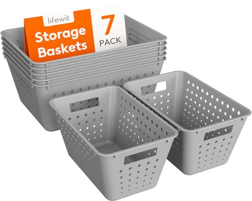 Lifewit Plastic Storage Basket, 7 Pack Stackable Bins for Organizing, Multi Size Open Containers for Shelving, Pantry, Kitchen, Bathroom, Office and Cabinet, 5 Large and 2 Small Size, Grey