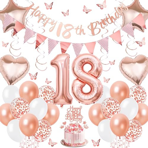 Aurmonigo 18th Birthday Decorations for Girls - Rose Gold Happy Birthday Banner Cake Topper Number 18 Foil Balloon Bunting, Hanging Swirls Butterfly Party Supplies for 18 Year Old Party Decoration