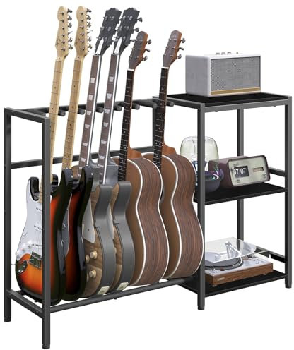 MAHANCRIS AGSBK9701 - Soporte de guitarra para instrumentos de 5 a 6 cuerdas, apto para guitarra acústica, bajo, soporte para guitarra con estantes para tocadiscos, con almohadillas de goma