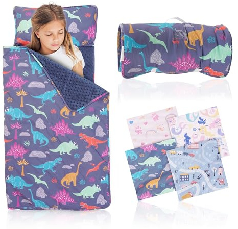 Kinderschlafsack 150x60cm - Weicher Schlafsack mit Abnehmbarem Kissen und Hochwertigem Minky-Futter für Mädchen und Jungen - Ideal für Camping und Nickerchen drinnen und draußen (Dinosaurier)