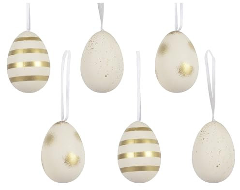 Ostereier zum Aufhängen 6x9cm bruchfest 6er Set - Plastikeier mit Aufhänger - Kunststoff Deko Eier für Ostern Frühling - Kunststoffeier Osterdeko Hängedeko Frühlingsdeko bruchfest - Weiß Gold