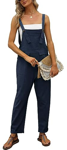 Vanchenl Women's Casual Loose Cotton Linen Overalls Summer Baggy Adjustable Jumpsuits Rompers Harem Pants Blue,S
