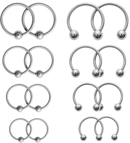 Tucnoeu 16pcs Lippenpiercing Fake Septum Lippenbändchen Piercing Set Septum und Hufeisen Piercing Ringe aus Edelstahl, 6mm/8mm/10mm/12mm, Stahlfarbe