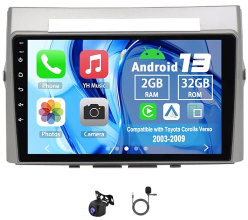 Slakerbe Android 13 Autoradio 2 Din mit Carplay Android Auto kompatibel mit Toyota Corolla Verso 2003-2009, 2G+32G 9 Zoll Auto Radio Stereo mit Bluetooth Navi WiFi FM RDS Rückfahrkamera Mic