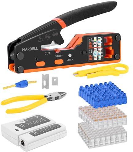 HARDELL RJ45 Crimp Tool, Pass Thru RJ11 Ethernet Crimper for Cat5 Cat6 Connectors, All-in-One 6P 8P Ethernet Crimping Tool Kit with Wiring Diagram, Replacement Blades, Cable Sheath, Tester & Battery