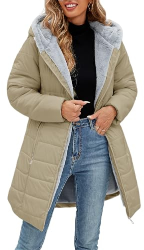 Yuson Girl Manteau Femme Longue Matelassé Polaire Doublé Manteau Hiver Veste Épais Chaud Parka Manteau Blouson Zippé à Capuche Hooded Coat Elégant Veste Imperméable Outercoat avec Poches(Kaki, S)
