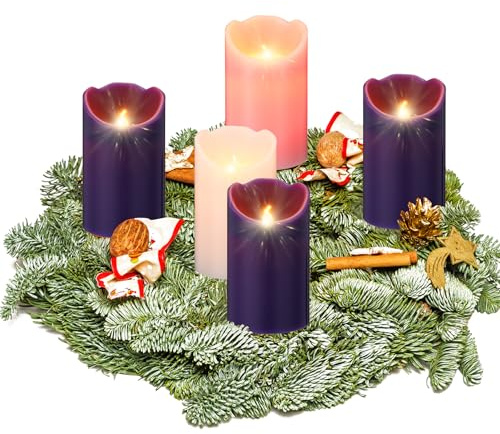 Cindeer 3 x 5 inches Flameless Advent Candles Set of 5 LED Advent Pillar Wreath Candles Battery Operated Purple Pink Flameless Votive for Seasonal Celebration Rituals Festival Church Decoration