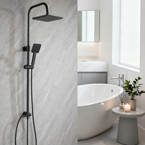 Ronvie Black Adjustable Shower Riser Rail Kit with 8 Rainfall Shower Head | Rain Shower Set Height Adjustable 79-128cm, Anti-Leak Hose, Easy Installation