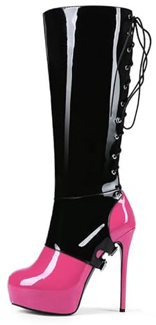 Veelau Meieer Stivali da donna al ginocchio con plateau bicolore a spillo in pelle laccata con lacci e cerniera laterale, nero rosa, 43 EU