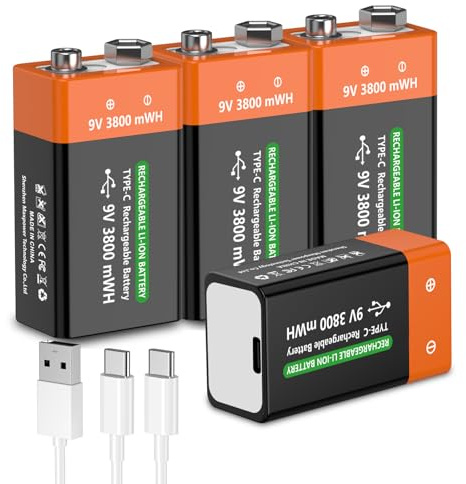 9V Wiederaufladbarer Akku, 4er-Pack 3800mWh Li-Ion Blockbatterie für Sicherheitsgeräte, Medizinische Geräte, Multimeter, Fernbedienungen, Sicherheits- & Sicherheitsgeräte, inklusive Ladekabel