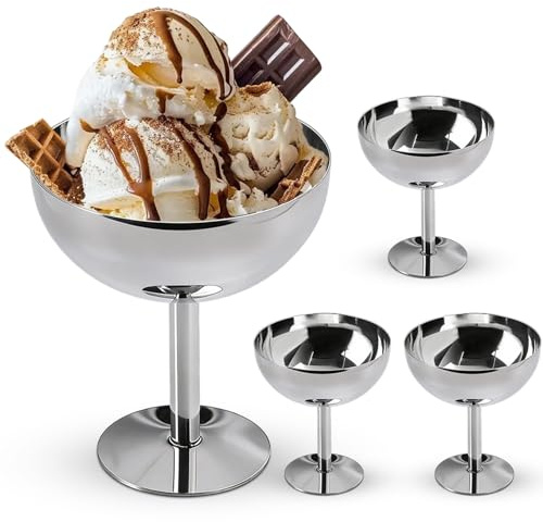 4 Stück Edelstahl Eisbecher 200 ml, Dessertschalen mit Fuß (Ø 10cm) | Eisbecher Edelstahl für Eiscreme, Joghurt, Obstsalat & Pudding, Elegant & spülmaschinenfest, für Party, Café & Hochzeit