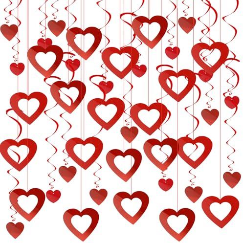 40 Stück Hängende Herz Girlande, Rot Glitzer Deko mit Herzen & Spiralen - Für Valentinstag, Hochzeit, Jubiläum, Geburtstag & Party Dekoration