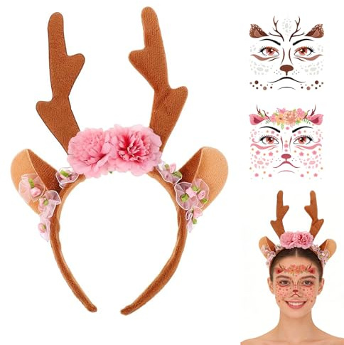 Gleevio Reh Kostüm Damen,Reh Haarreif Damen & 2 Stück Rentier Gesichtstattoo Karneval,Rentier Geweih Haarreif Fasching mit Blumen,Tattoo Gesicht Rehohren Stirnband für Fasching Kostüme Zubehör