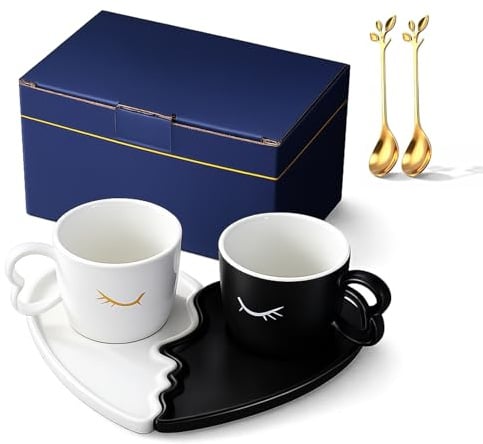Partner Tassen 2er Set für Paare, 200ml Kaffeetassen mit Untertasse & Löffel, Keramik Tassen für Paare Kuss-Design, Küssende Partnertassen für Valentinstag Hochzeit Verlobung Hochzeitstag Geschenk