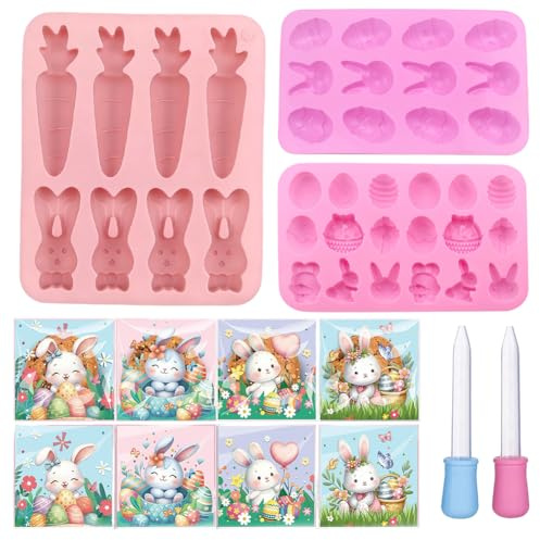 Stampi Uova di Pasqua Silicone 3 Pezzi con 2 Pipette e 100 Sacchetti di Cellophane Pasquali,Stampo in Silicone Coniglio di Pasqua,Stampo in Silicone per Caramelle per Caramelle, Cioccolato, Biscotti