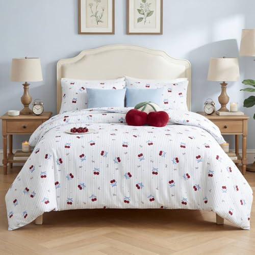 Covebett Bettwäsche Blau Weiß Gestreift 155x220 mit Rot Kirschen Schleifen Muster Bettbezug Set 2teilig Aesthetic Mädchen Weiche Mikrofaser Bettwäsche-Sets mit Kissenbezüge 80x80 cm und Reißverschluss