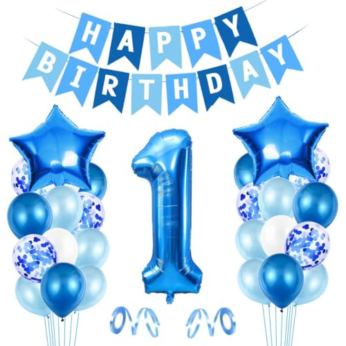 Luftballon 1. Geburtstag Blau, Geburtstagsdeko Jungen 1 Jahr, Ballon 1 Deko zum Geburtstag, Blau Happy Birthday Banner Riesen Folienballon Erster für Kinder Geburtstags