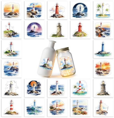 GLOBLELAND 25 Blatt Sommer Leuchtturm Vase Decals Aufkleber Bunt Ozean Adhesive Laterne Aufkleber Meer UV DTF Tasse Umwicklungen für Glas Fenster Lampe Dekals Glas Wohnkultur