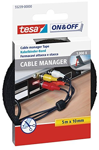 tesa® On & Off Cable Manager Universal aus Klettband, schwarz, 5 m x 10 mm (10er Pack)