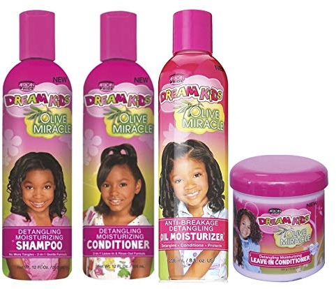 African Pride Olive Miracle Dream Kids Detangling Pflege, 4er Pack (4 x 355 ml) / 355 ml Conditioner / 236 ml Feuchtigkeitsöl/Conditioner ohne Ausspülen 425 g