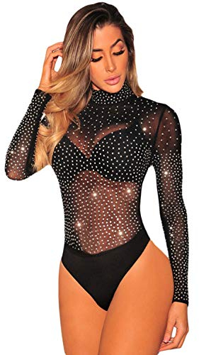 NBBNYJ Body Schwarz Damen Sexy Strass Pailletten Langarm Bodysuit Sheer Mesh unterwäsche Shapewear Leotard Top Overalls Bluse (Schwarz-4, Medium)